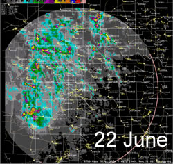 The radar 24-hr estimated precipitation from early the 22nd to early on the 23rd of June 2008. Click on the image for a larger view.