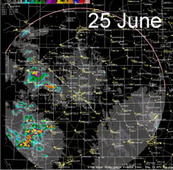 The radar 24-hr estimated precipitation from early the 25th to early on the 26th of June 2008. Click on the image for a larger view.