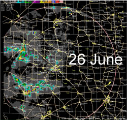 The radar 24-hr estimated precipitation from early the 26th to early on the 27th of June 2008. Click on the image for a larger view.