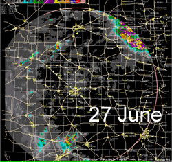 The radar 24-hr estimated precipitation from early the 27th to early on the 28th of June 2008. Click on the image for a larger view.