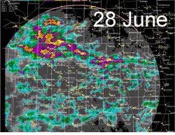 The radar 24-hr estimated precipitation from early the 28th to early on the 29th of June 2008. Click on the image for a larger view.