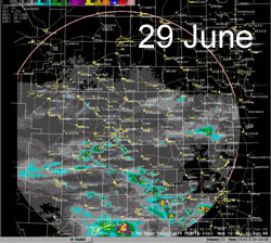 The radar 24-hr estimated precipitation from early the 29th to early on the 30th of June 2008. Click on the image for a larger view.