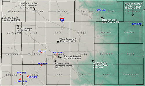 Map displaying the tornadoes that impacted the Lubbock forecast area in 2008. Also shown are other significant weather events of the year. Click on the image for a larger view.