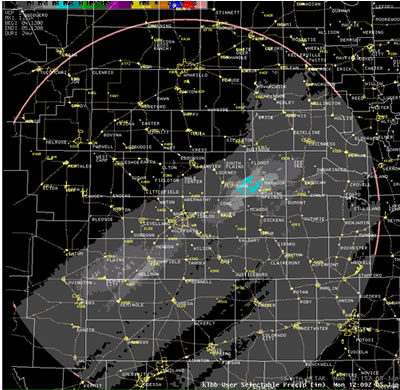 Storm total precipitation, as estimated by the Lubbock NWS radar, from 6 am on the 4th through 6 am on the 5th of January 2009. Click on the image for a larger view.