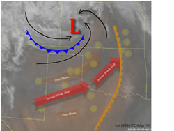 Satellite image displaying fires, dust and a strong storm system of 4 April 2009.