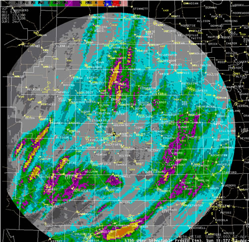 Radar estimated rainfall from 7 am Saturday (11 April) to 7 am Sunday (12 April). Though the amounts are not precise, they do depict regions of higher and lower precipitation. Click on the image for a larger view.