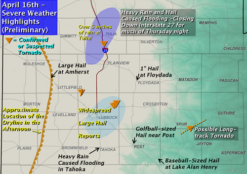 A map of some severe weather reports from April 16th