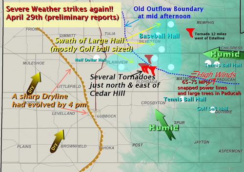 The image depicts the more significant severe weather reports that occurred during the afternoon and evening of April 29th. Locations are approximate and reports preliminary. Please see the local storm reports for more details. Click on the image for a larger view.