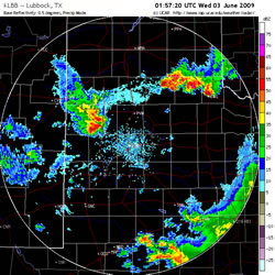 Radar image during the evening hours of 2 June 2009. Click on the image for a larger view. Images are courtesy of The National Center for Atmospheric Research.