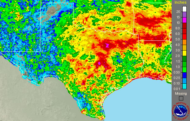 Image of 7-day radar estimated rainfall totals for Texas ending Wednesday morning (16 September 2009).