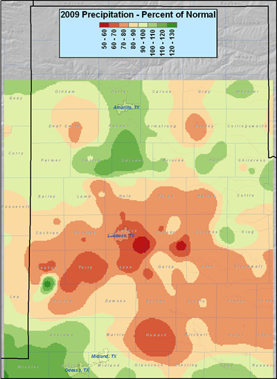 This map shows the 2009 rainfall as a percent of the 30 year normal rainfall (1971-2000). Please click on the map to view a full-sized version.