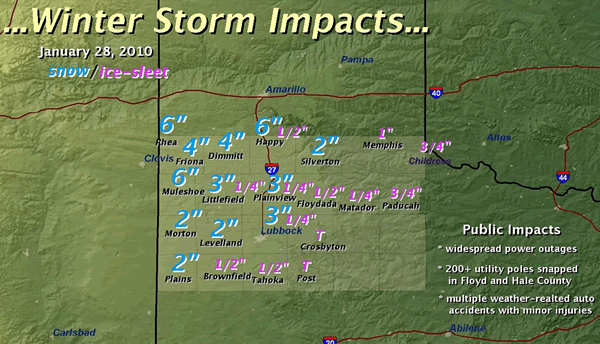 Map showing ice and snowfall totals from January 28, 2010. Click on the graphic for a larger view.