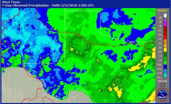 Graphic showing the 7-day observed precipitation across western Texas, western Oklahoma and eastern New Mexico ending at 6 am CST on February 5, 2010. Click on the image for a larger view.