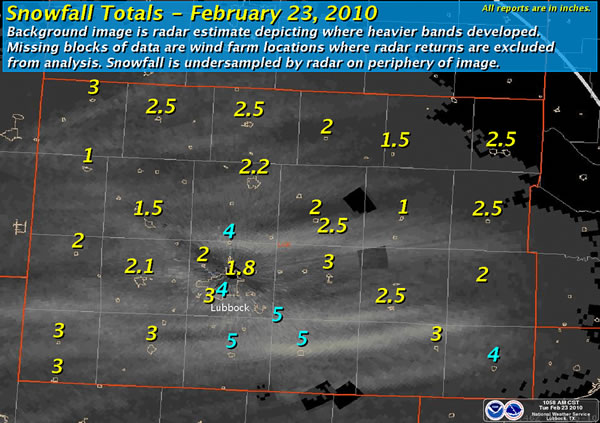 Map showing snowfall totals across the area that fell between the late afternoon on February 22nd and the morning of the 23rd. Click on the graphic for a larger view.