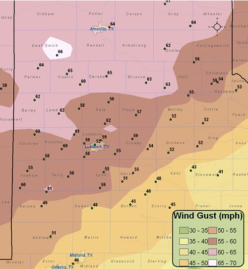 Maximum wind gusts reported across the region on Monday, May 10th, 2010. The wind reports are courtesy of the West Texas Mesonet and the National Weather Service. Click on the map for a larger view.