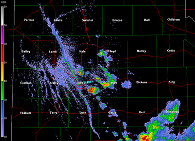 A view of the Lubbock National Weather Service radar on 26 May 2010 at 6:50 pm. The strong outflow boundary which was moving westward can clearly be seen from western Castro County into eastern Lynn County. Additionally, the storm that produced heavy rain and hail at Ransom Canyon is seen in southeast Lubbock County. Click on the image for a larger view.