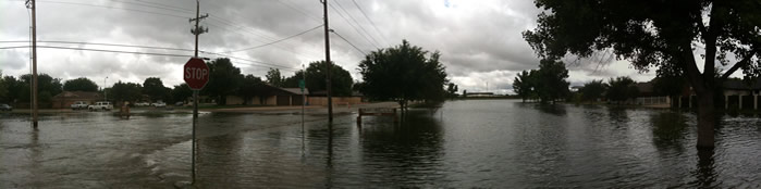 Photograph of a flooded park in southwest Lubbock