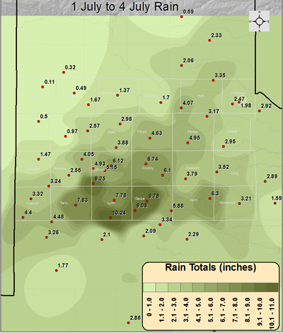 Graphic displaying measured rainfall that fell between 1 July and 4 July 2010