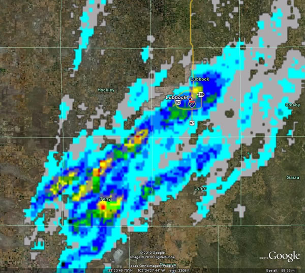 The image displays the radar estimated maximum hail size that fell over the southern and central South Plains during the afternoon and evening of the 21st. The light blue colors correspond to small hail, with yellows and reds indicating hail possibly as large as 1.75" to over 2" in diameter. Click on the image for a larger view.