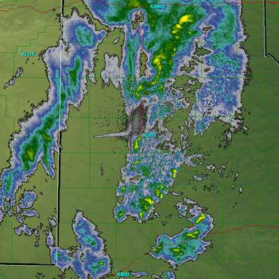 Lubbock NWS radar image taken at 8:40 pm on 30 December 2010.  The east-to-west radar returns located west of the radar (KLBB) are generated by a fire that started about 7 miles west of Levelland. Click on the image for a larger view.