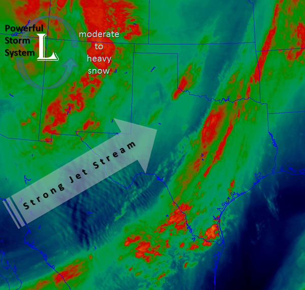 Water Vapor satellite image taken around 2 pm on Thursday, 30 December 2010.  The image indicates a strong upper level jet cutting across the region, with strong lift (moisture enhancement in orange) stretching from central New Mexico into Colorado. 