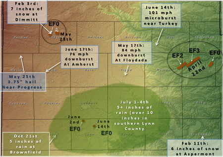 Map showing some of the significant weather events than ocurred during 2010 in the area