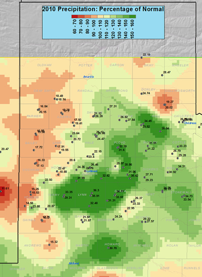 This map shows the 2010 rainfall as a percent of the 30-year normal rainfall (1971-2000). Please click on the map to view a full-sized version.