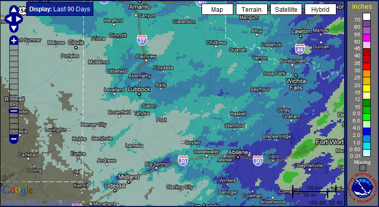 Radar estimated (and bias corrected) rainfall over the past 90 days, ending on May 4, 2011.