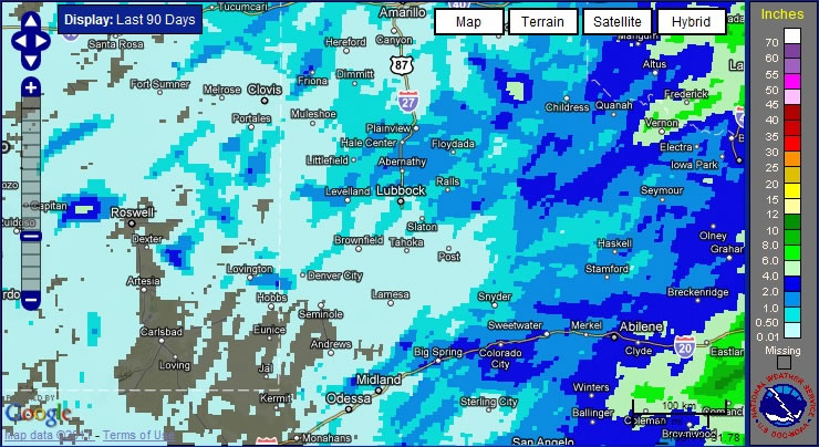 Radar estimated (and bias corrected) rainfall over the past 90 days, ending on June 2, 2011.