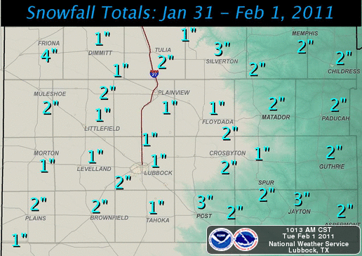 Plot of snow totals recorded between Monday night and Tuesday morning (February 1-2, 2011).  Click on the map for a larger view.