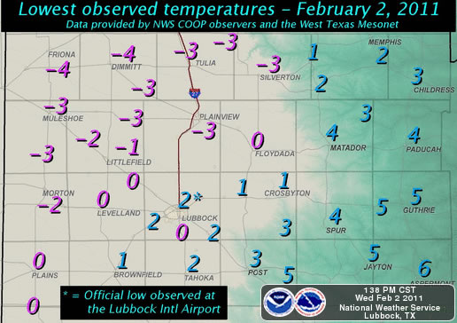 Plot of observed low temperatures Wednesday morning (February 2, 2011). The data is courtesy of the NWS COOP observers, the West Texas Mesonet and the National Weather Service. Click on the plot for a larger view.