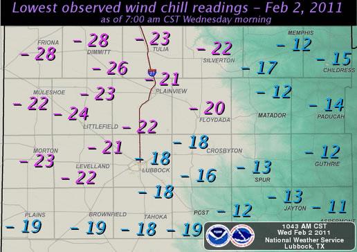 Plot of lowest observed wind chill readings during the early morning hours of Wednesday morning (February 2, 2011).  Click on the plot for a larger view.