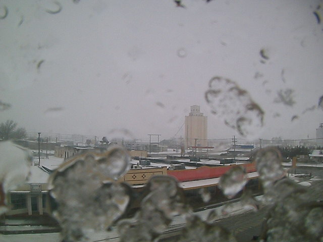 Picture of snow falling (and partially obscuring the view) at Muleshoe around 2 pm on Sunday, February 6, 2011.  The image is courtesy of KAMC.