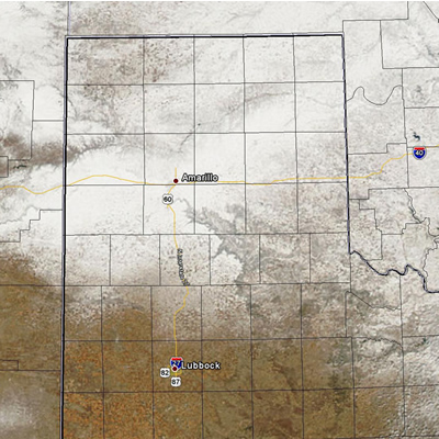 Visible satellite image on Wednesday afternoon (February 9, 2011).  The white on the map is areas of snow. Click on the image for a larger view.