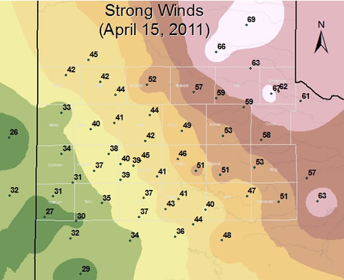 Map of the West Texas Mesonet wind gust reports for April 15 2011