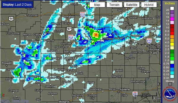 Bias-corrected radar estimated rainfall that fell over the last two days, ending on 6 am on June 1st, 2011. Click on the image for a larger view.