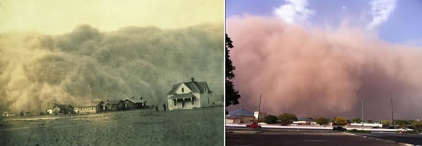 Left: Image of a large haboob approaching Stratford, TX, during the height of the Dust Bowl on "Black Sunday" on 14 April 1935. Right: Image of the haboob as it approached the Science Spectrum in south Lubbock on 17 October 2011. The similarities are striking. Click on the image for a larger view.