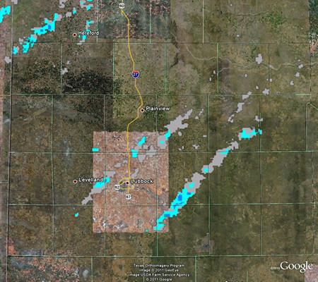 The Maximum Expected Size of Hail (MESH), as estimated from radar, for 21 November 2011. The blue swaths correspond pea to quarter sized hail. Click on the image for a larger view. 