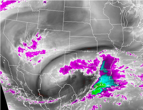 Satellite imagery of the storm system over Texas early Monday afternoon