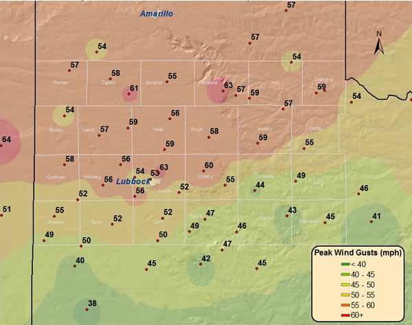 Plot of the maximum wind gusts (mph) observed across the region on 20 February 2012. The data is courtesy of the West Texas Mesonet and the National Weather Service. Click on the image for a larger view.