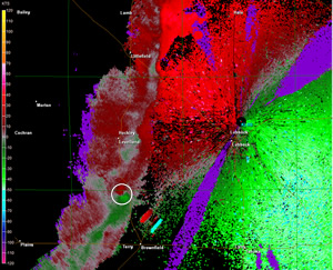 KLBB radar velocity image at 0406 UTC