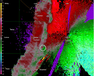 KLBB radar velocity image at 0423 UTC