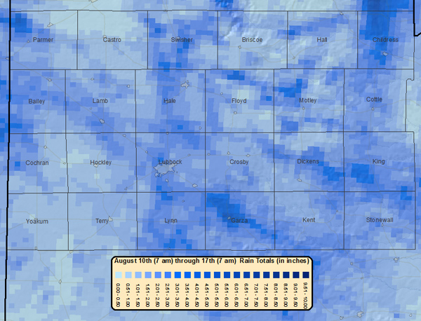 Rainfall estimates from Aug 10th through Aug 17th. Click on the image for a larger view.