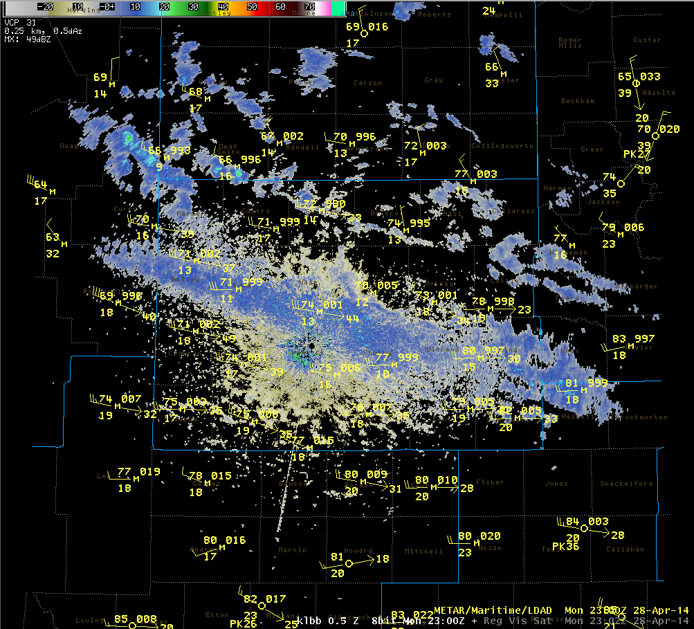 a radar depiction of the dust plume on Monday, April 28 2014.