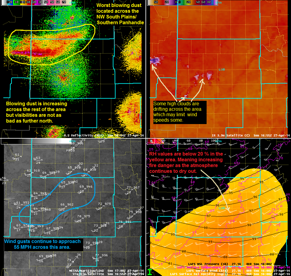 Radar and surface observations from Sunday afternoon on April 28th which show the strong winds and blowing dust across the area.