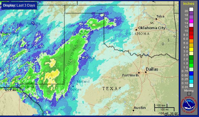 Three-day radar-estimated and bias-corrected rain totals ending at 8 am on Tuesday, 6 October 2015.