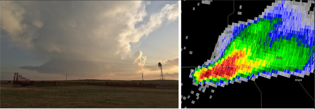 Picture and radar depiction of a low-precipitation (LP) supercell storm near Spur during the evening of 10 April 2016. The picture is courtesy of Bruce Haynie. Click on the image for a larger view of the photograph. 