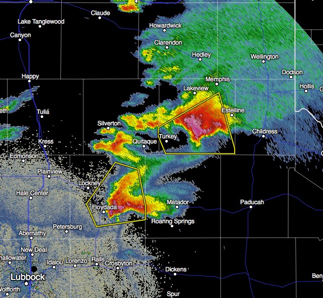 Radar image at 6 pm showing two sueprcell thunderstorms