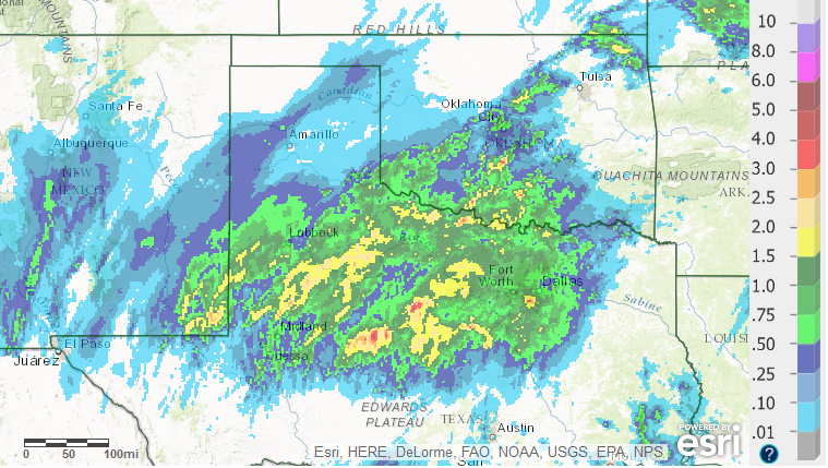 24-hour radar-estimated and bias-corrected rainfall totals ending on the morning of 3 November 2016. Click on the image for a zoomed in view on the South Plains region.