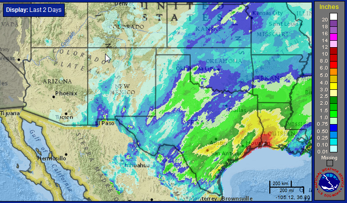 Radar-estimated and bias-corrected 2-day rain totals at 8 am on Sunday, 4 December 2016. Click on the image for a closer view of the South Plains region. 